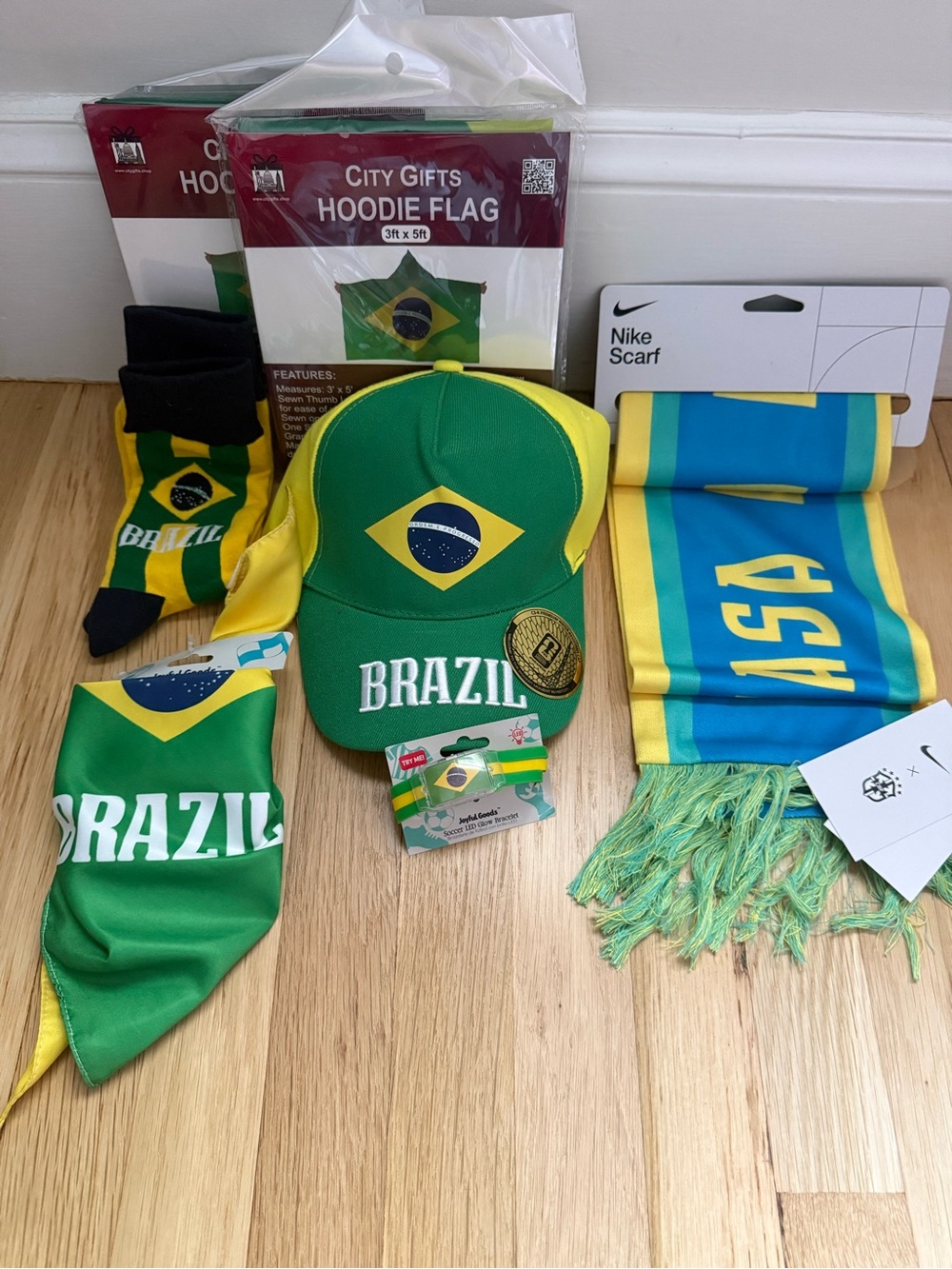 Brazil Soccer Fan Gear - Green & Yellow (Hat, Scarf, flags, bracelet, bandanna